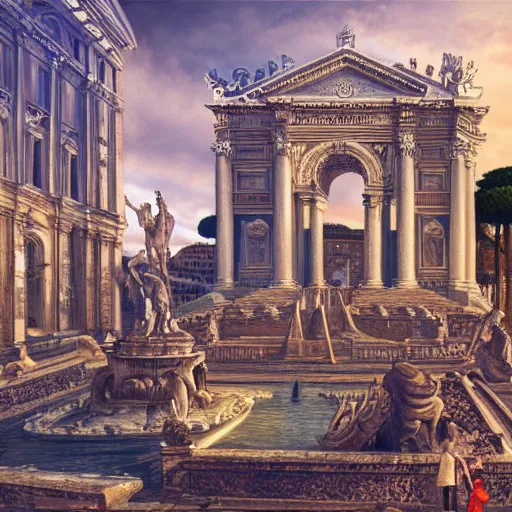 Image similar to an accurate depiction of the city of rome in its prime while people are walking around in the city, highly intricate detailed, light and shadow effects, intricate, highly detailed, digital painting, art station, concept art, smooth, sharp focus, illustration, advanced digital art, atmospheric lighting, detailed face, 8 k, hq