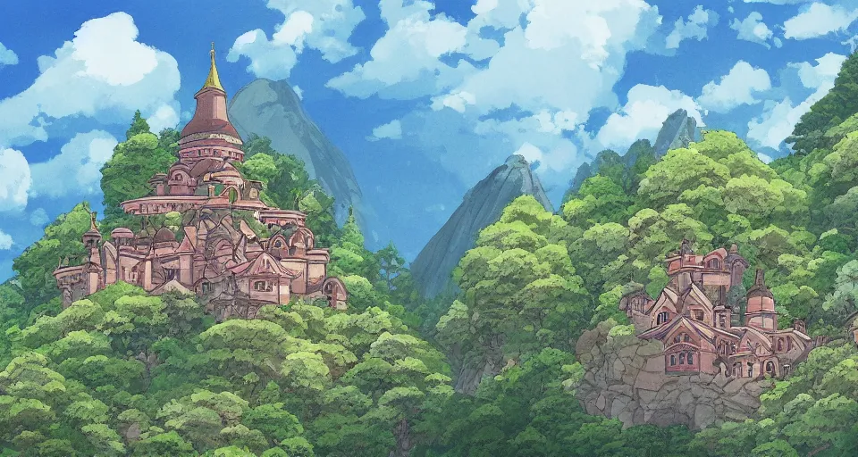 Image similar to view of a monastery on a forested mountain, in the style of studio ghibli, distant, detailed, artstation, award winning painting,