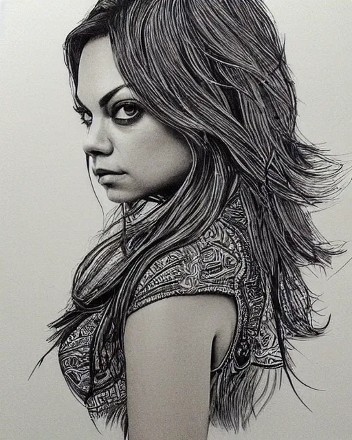 Image similar to mila kunis, black ink on paper, trending on artstation, beautiful, intricate, detailed