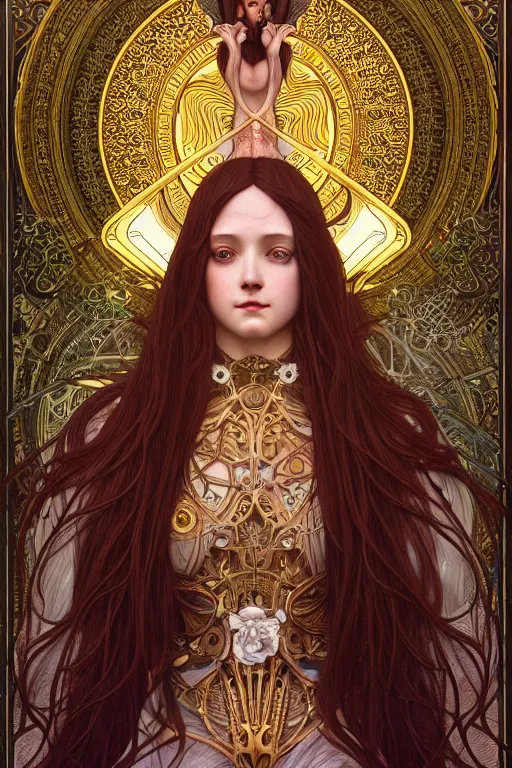 Image similar to beautiful hierophant girl tarot card portrait, biomechanical, intricate artwork masterpiece, majestic, elden ring cinematic lighting, volumetric 8 k, by alphonse mucha, apollonia saintclair, josan gonzalez, artgerm, edmund leighton, kilian eng, trending on cgsociety, octane render, 8 k