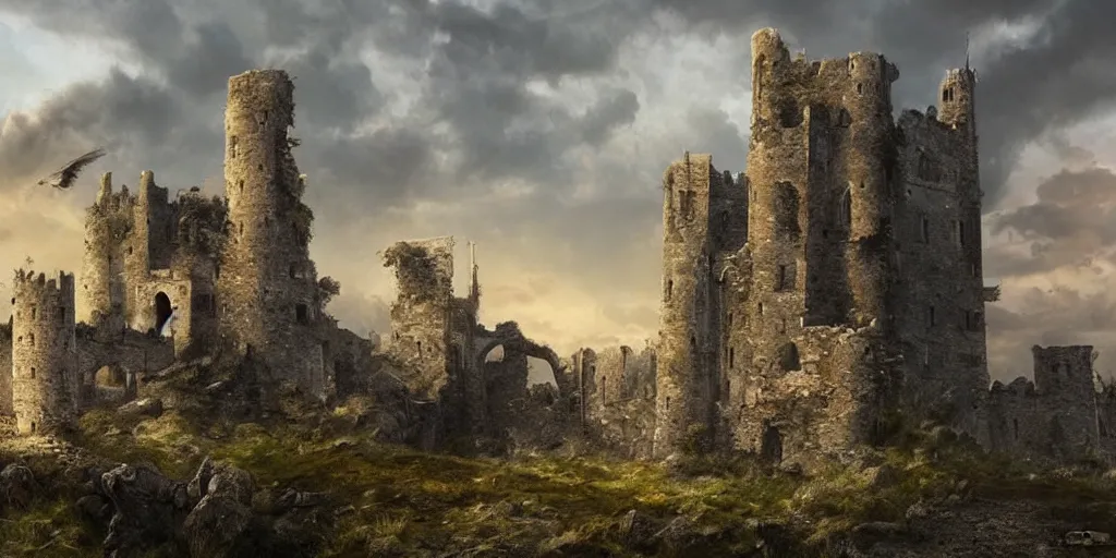 Image similar to matte painting, castle, dramatic landscape, ruins