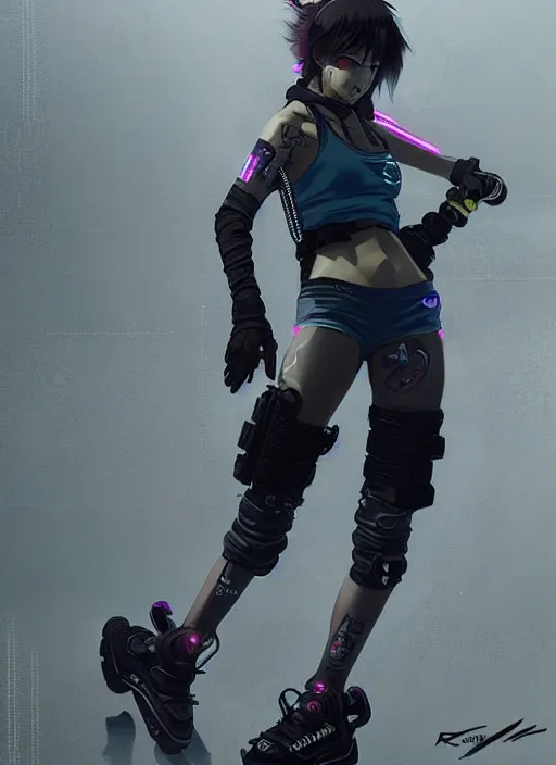 Image similar to hyper - realistic cyberpunk anime woman wearing inline skate, tokyo street, extreme detail, good face, model, concept art, in style of yoji shinkawa, pan ren wei, col price, atey ghailan, by greg rutkowski, aesthetic