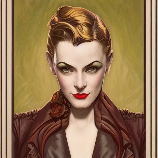 Image similar to a streamline moderne, ( art nouveau ), ( ( dieselpunk ) ) portrait in the style of charlie bowater, and in the style of donato giancola, and in the style of charles dulac. symmetry, ultrasharp focus, dramatic lighting, semirealism, intricate symmetrical ultrafine background detail.