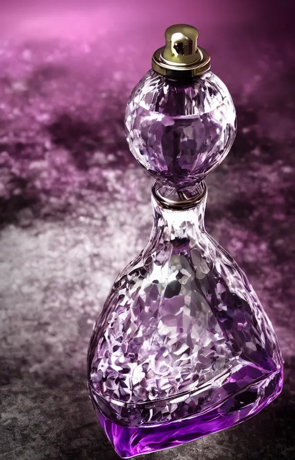 Prompt: close up shot of premium perfume bottle containing purple liquid, the bottle is placed on a black coloured table, ultra detail, commercial, designer product, cinematic lighting, hd artstation, symmetrical, rendered, 4k