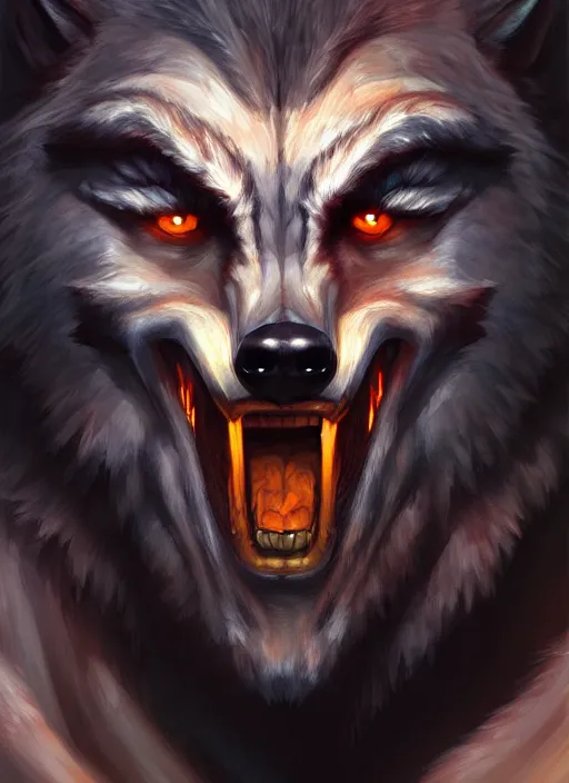 Image similar to portrait painting of werewolf, acrylic, daz. detailed, portrait, oil painting, artstation, unreal 5, hd, artgerm, dnd, rpg