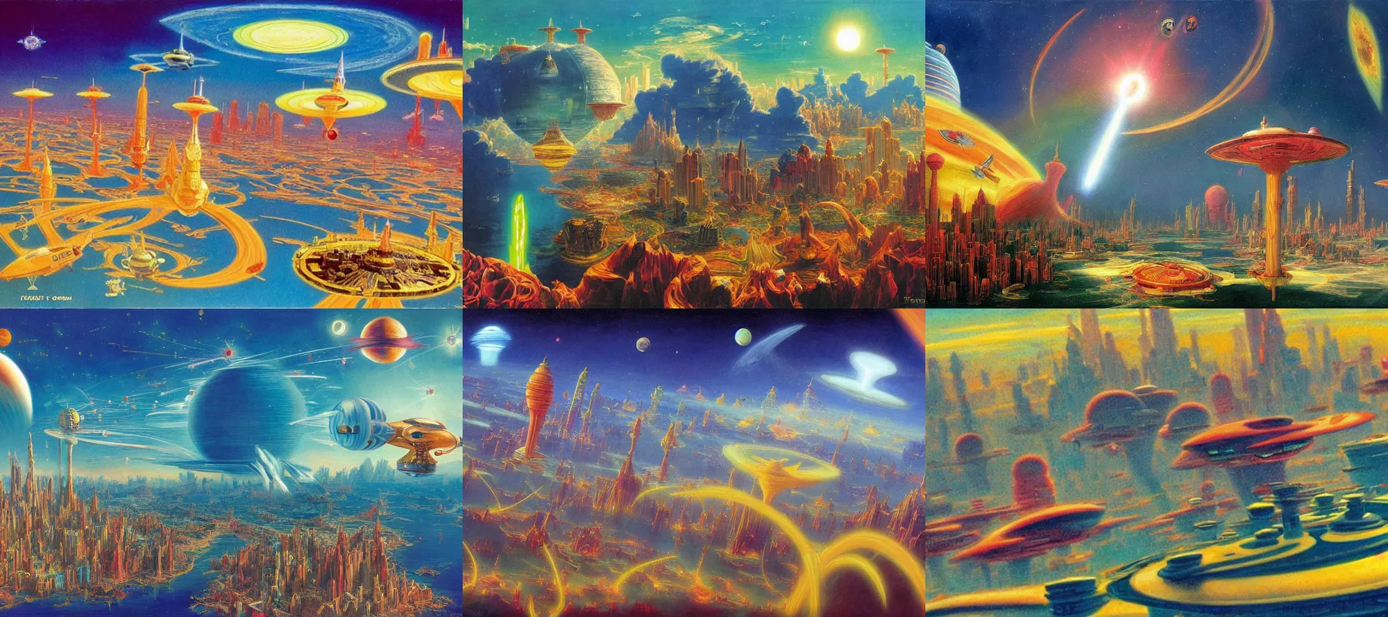 Prompt: coruscant in the style of dr. seuss, starships, painting by thomas cole