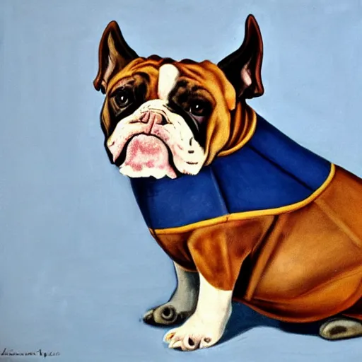 Prompt: american realist portrait of bat - eared fish - bulldog hybrid creature wearing a suit, ultramarine blue, burnt sienna and azo yellow