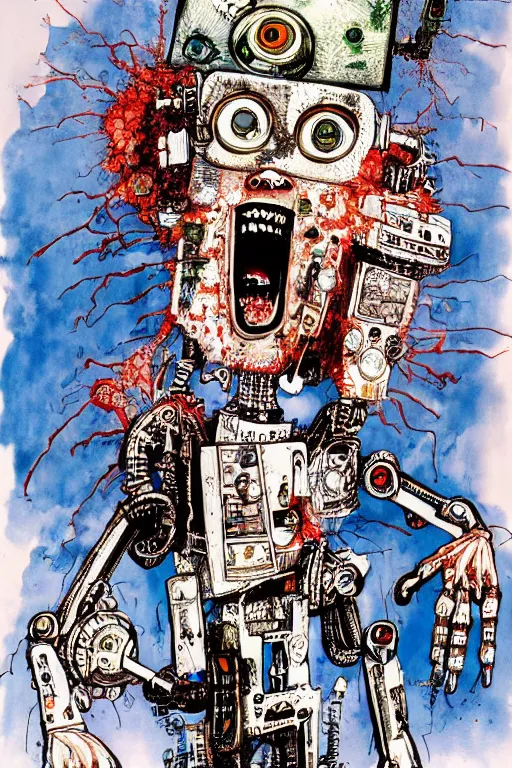 Image similar to a crazy ralph steadman painting of a robot reprogramming its head