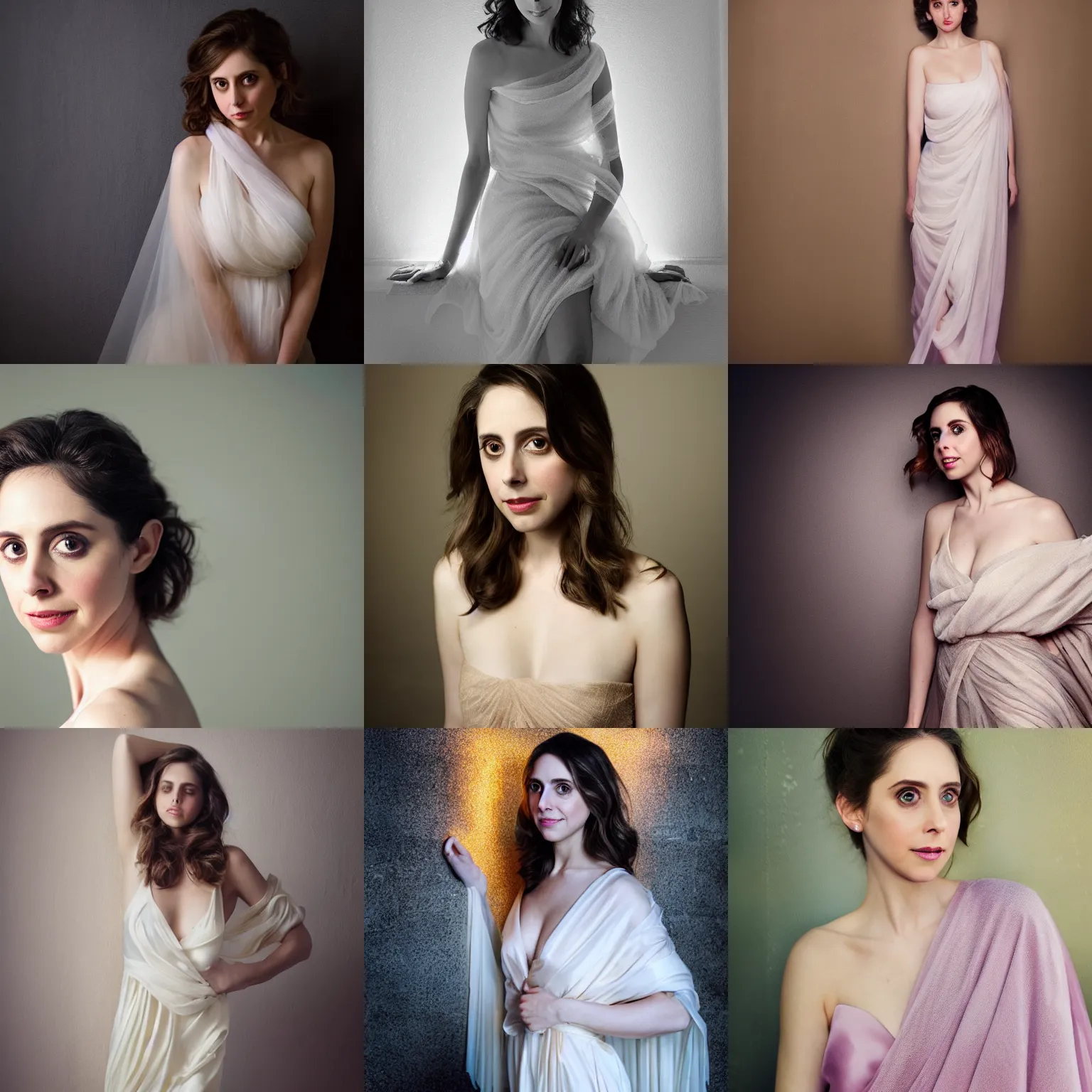 Prompt: portrait of alison brie draped in light fabric ethereal delicate soft lighting, detailed by peter mohrbache