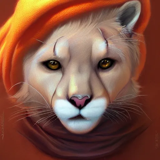 Image similar to aesthetic portrait commission of a albino male furry anthro mountain lion wearing a cute orange colored cozy soft pastel winter outfit, detailed face , hyperdetailed, autumn atmosphere. Character design by charlie bowater, ross tran, artgerm, and makoto shinkai, detailed, inked, western comic book art, 2021 award winning painting