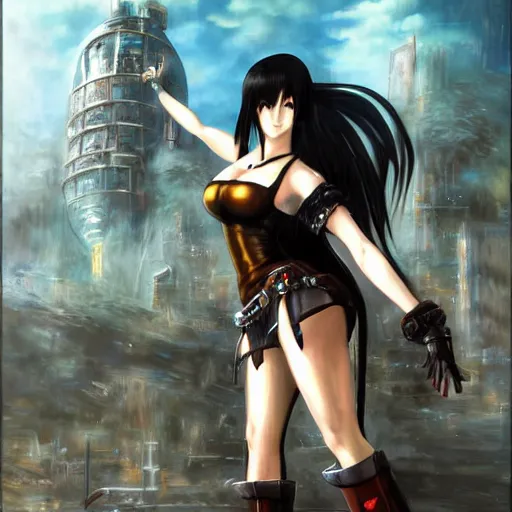 Image similar to painted conceptual art of tifa lockhart from from final fantasy 7 in her signature outfit with the steam punk city midgard as backdrop, by master artist yoshitaka amano