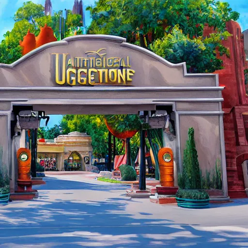 Image similar to painting of universal studios entrance, artstation