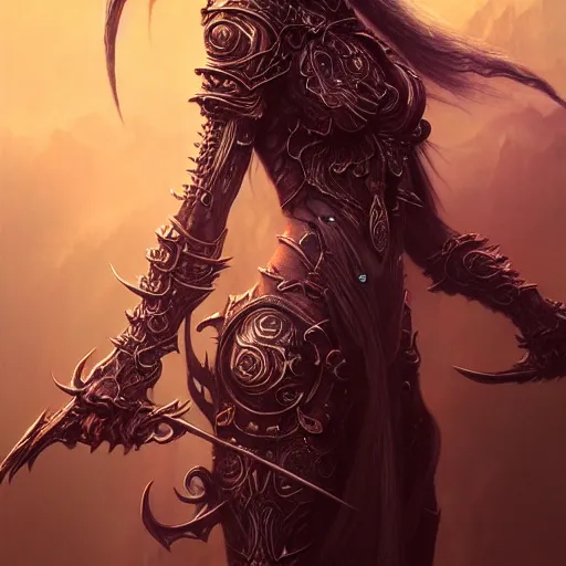 Image similar to a highly detailed long shot photo of chthonic warcraft female character by ayami kojima, beksinski, giger, intricate, digital painting, artstation, intricate, concept art, smooth, sharp focus, illustration