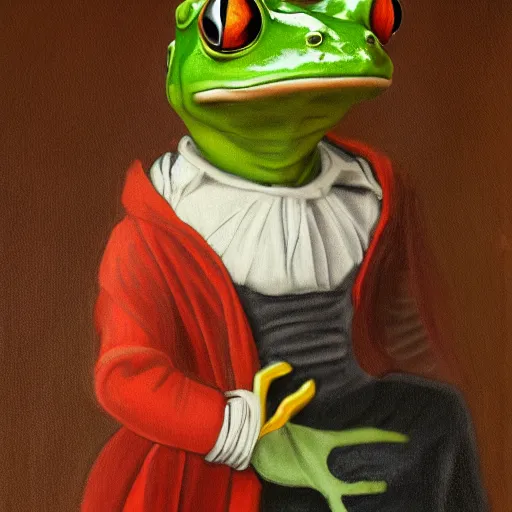 Prompt: a cartoon drawing of a frog wearing cristian clothes, portrait, oil paint, renaissance, 4 k