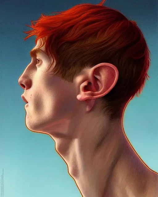 Prompt: symmetry!! portrait of tall, thin, 1 5 - year - old boy with a long nose, a lot of freckles, fiery red hair, and bright blue eyes, fantasy, intricate, highly detailed, digital painting, artstation, concept art, smooth, sharp focus, illustration, art by artgerm and greg rutkowski and alphonse mucha