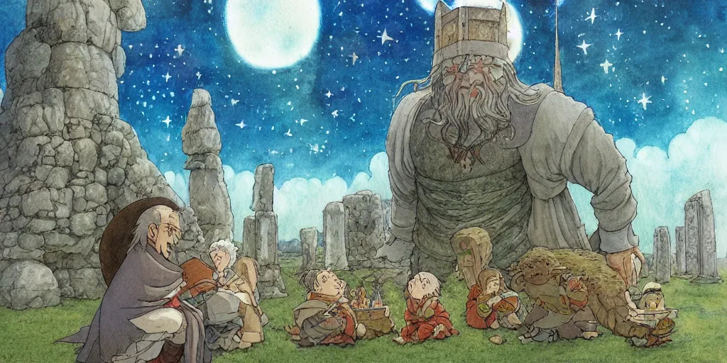 Image similar to a hyperrealist studio ghibli watercolor fantasy concept art of a giant long haired medieval monk with his heads down in lotus position in stonehenge with a starry sky in the background. a giant rocket ship from independence day ( 1 9 9 6 ) is floating in the air. by rebecca guay, michael kaluta, charles vess