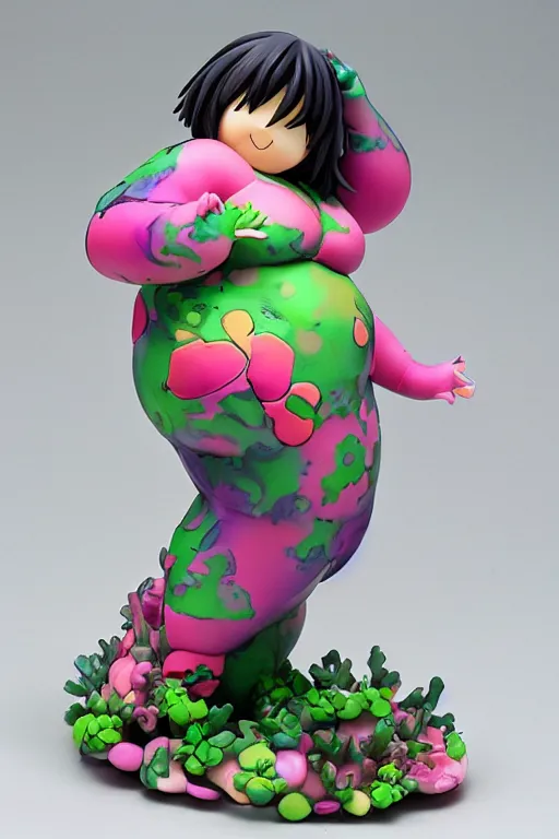 Prompt: a fat bubbly super detailed anime figurine with fluo color detail, and muted arm colors, that looks like a plant, decorated by plastic synthetic ionized metal flower sculptures