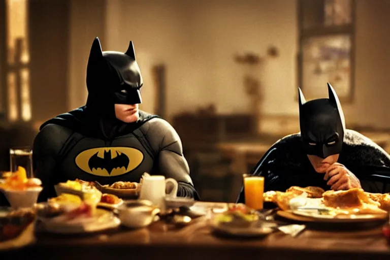 Image similar to portrait of Batman eating breakfast By Emmanuel Lubezki