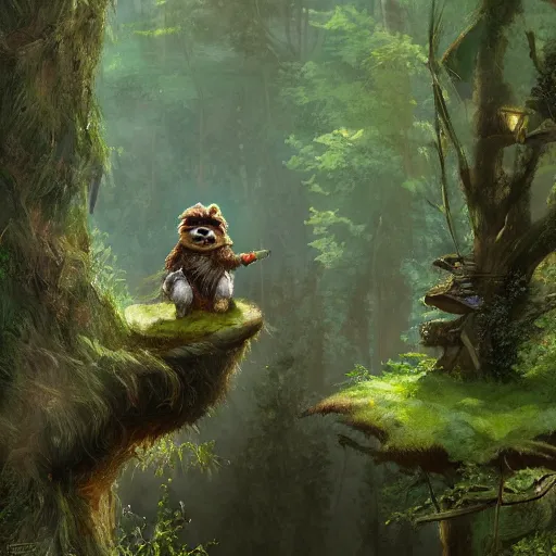 Prompt: adventurous ewok exploring the connected treehouses on top the tall wooded forest, artstation, colorful