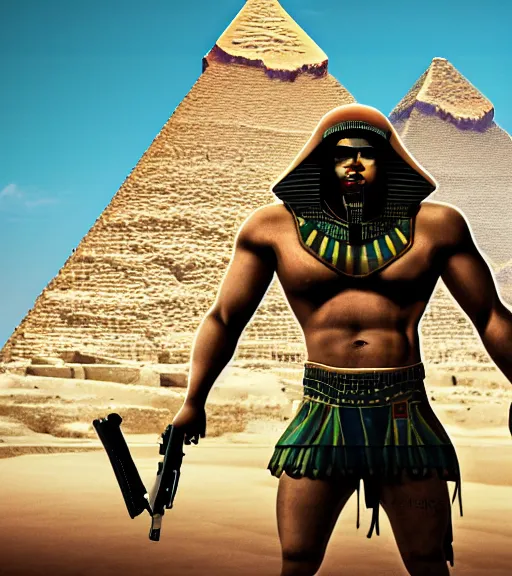 Image similar to a beefy man with a machine gun, egyptian pyramid in the background, 4 k, sharp focus, illustration, highly detailed, cinematic, photorealistic, cyberpunk