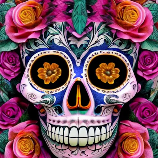 Prompt: A highly stylized digital HD photorealistic 4k octane rendering of the face of a tattooed Day of the Dead skull smiling head and shoulders three-quarters profile view, with flowers, intricate patterns on face, lettering on a poster promoting AI Art World 2020, lit from back, left and right