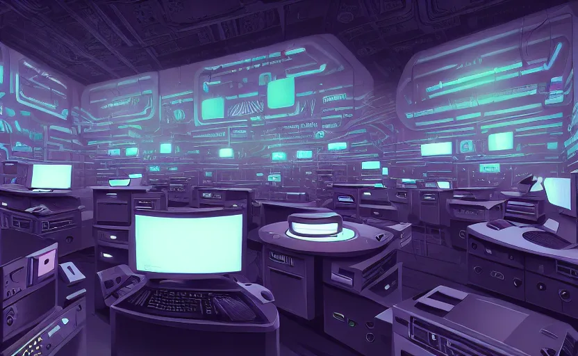 Image similar to Interior shot of a secret mysterious Hacker room with computers by Petros Afshar and Beeple, James Gilleard, Mark Ryden, Wolfgang Lettl highly detailed