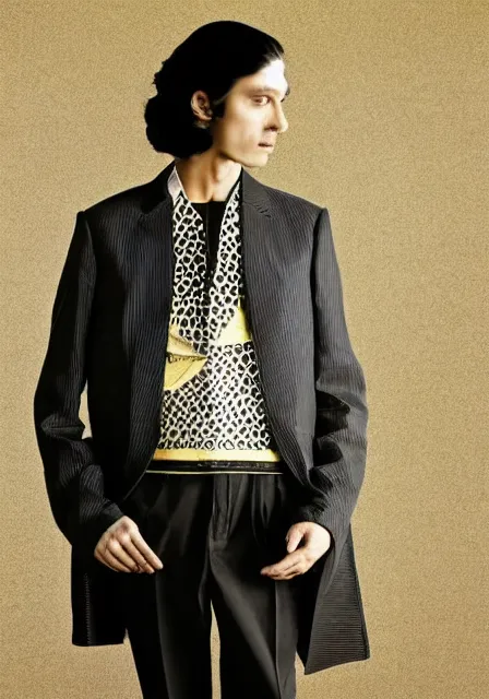 Image similar to a photo of an ancient male model wearing a plain simple designer menswear jacket inspired by salvador dali designed by alexander mcqueen