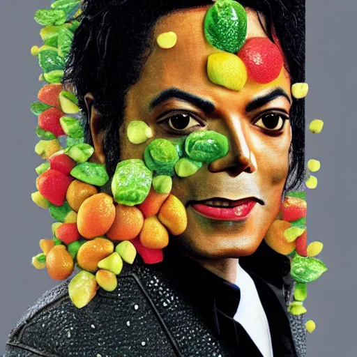 Prompt: michael jackson but his face is made out of fruit. food magazine photo, 8 k