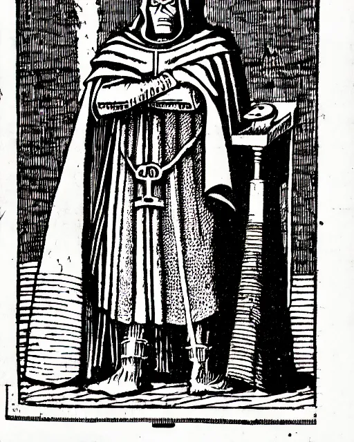 Image similar to b & w woodcut of doctor doom from the nuremberg chronicle, 1 4 9 3, restored, hq scan