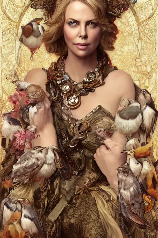 Prompt: charlize theron 3 d render of english princess holding birds, ornaments, mucha vibe, dieselpunk, solarpunk, artstation