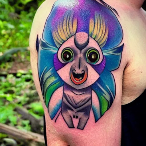 Image similar to shoulder tattoo of a multicolored hallucinating cute bush baby, eyes are rainbow spirals, meditative, surrounded with colorful magic mushrooms and rainbowcolored marihuana leaves, insanely integrate