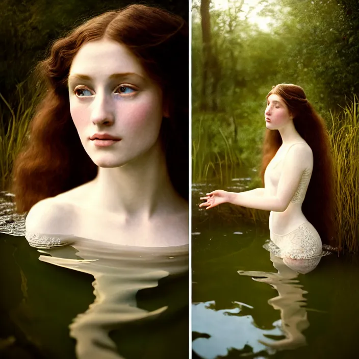 Image similar to Kodak Portra 400, 8K, soft light, volumetric lighting, highly detailed, britt marling style 3/4 ,portrait photo of a beautiful woman how pre-Raphaelites painter, the face emerges from the water of a pond with water lilies, inspired by Julie Dillon , a beautiful lace dress and hair are intricate with highly detailed realistic beautiful flowers , Realistic, Refined, Highly Detailed, natural outdoor soft pastel lighting colors scheme, outdoor fine art photography, Hyper realistic, photo realistic