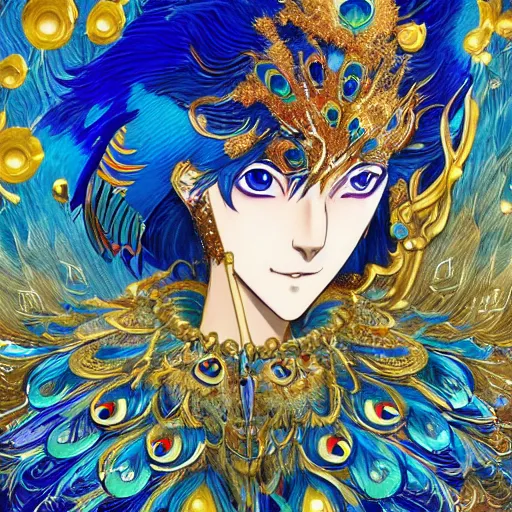 Prompt: realistic anime of a rich ethereal colorful blue hybrid of a peacock and fox, accented in bright metallic gold, wearing star filled mage robes and excessive amounts of golden jewelry and gems, art by yuji ikehata and satoshi kon, background art by miyazaki, realism, proper human proportions, fully clothed, vhs