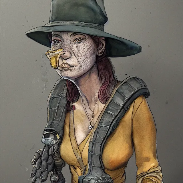 Image similar to a oil / watercolor painting full body character portrait of a illogical, odd, seasoned female anthropomorphic alligator miner on the wrong side of the law. in the style of moebius in the style of leonard boyarsky trending on artstation deviantart pinterest hyper detailed photorealistic highlights and shadow hd 8 k post - processing high resolution