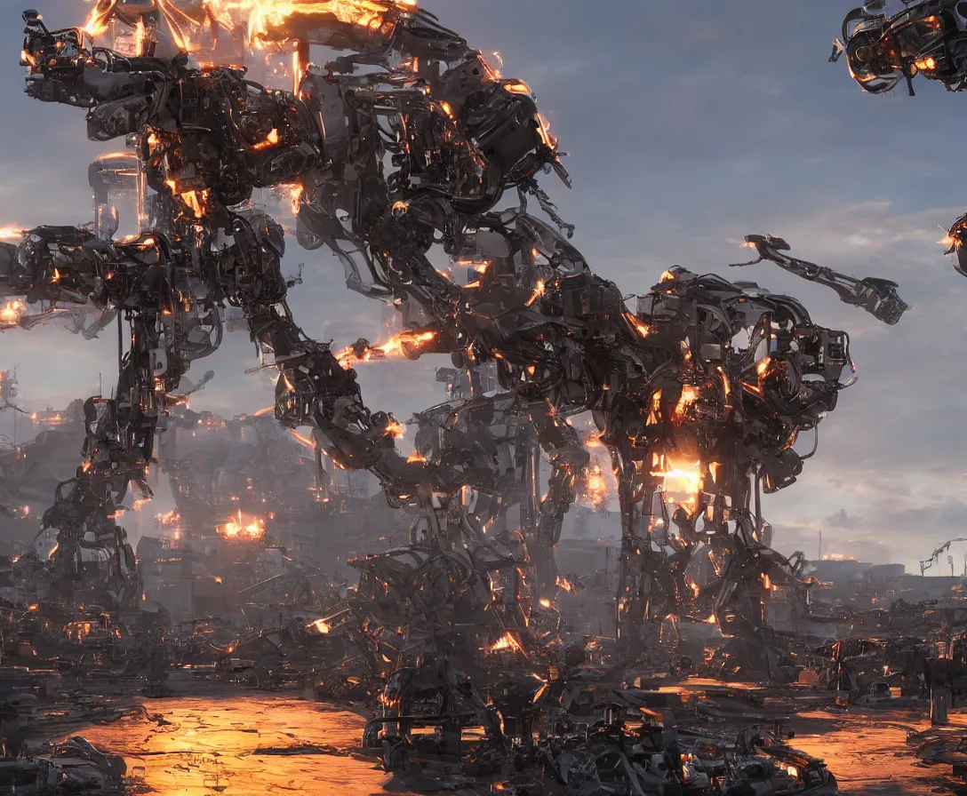 Prompt: terminator robots of last generation made by skynet looking at enormous supercomputer ai complex, dark blue sky, sunset, first stars are starting to shine, cgi, unreal engine, photorealistic