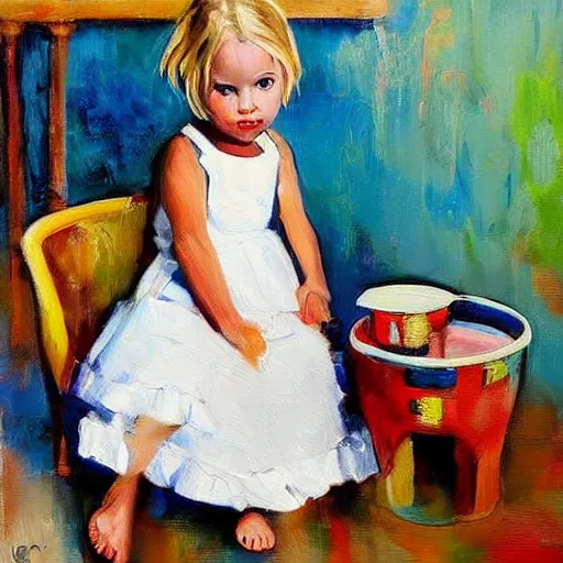 Image similar to A beautiful painting of a small girl with blonde hair, blue eyes, and a white dress sitting on a stool with her feet in a bucket of water. She has a serious look on her face as she stares at the water. cow print by Raymond Swanland, by Charles Camoin insane