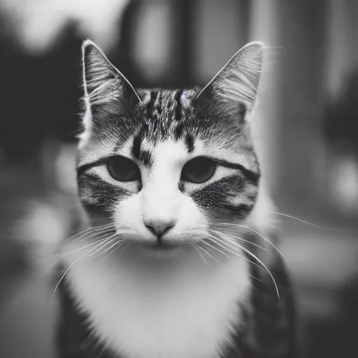 Prompt: a black and white out of focus film photo of a cat