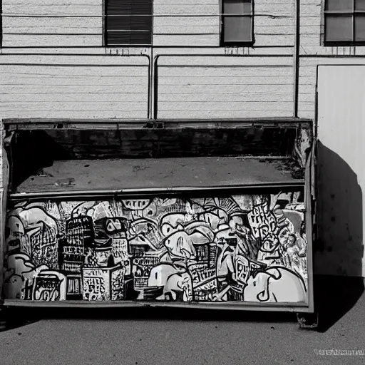 Image similar to Dumpster in a back alley, the garbage inside is blazing in flame, by Mcbess