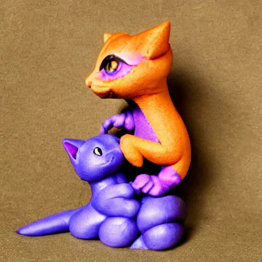 Image similar to tiny adorable purple fantasy dragon, the dragon is hugging an orange tabby cat, orange tabby cat hugging tiny purple dragon