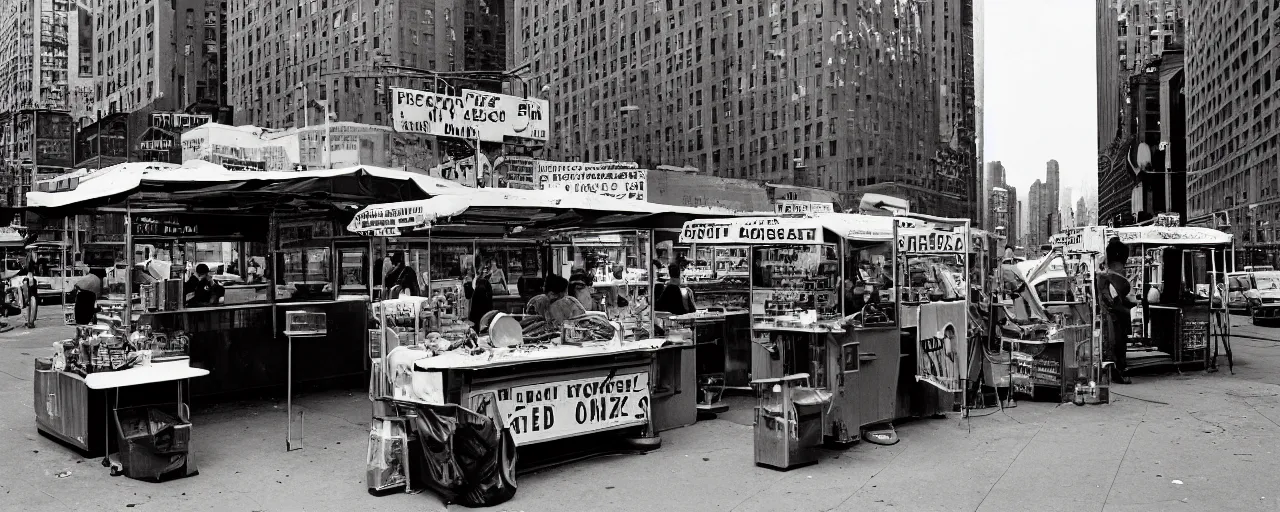 Prompt: spaghetti stand in downtown nyc, kodachrome, in the style of richard avedon, retro