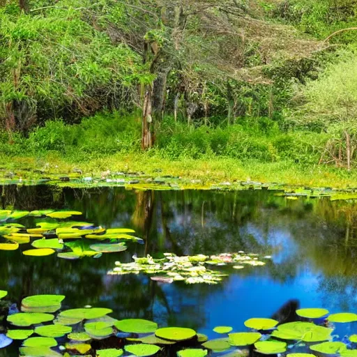 Image similar to a pond with water lillies in the forest, in the style of Gordon Onslow Ford,