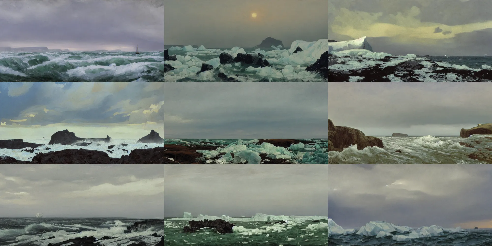 Prompt: painting in the style of Isaac Levitan, Savrasov, Arkhip Kuindzhi and Frederick Judd Waugh, T Allen Lawson and Ian Fisher and Sidney Richard Percy, sea storm and big waves under high cliffs, icebergs greenland, iceland glacier, coast, strong wind, faroe, road to the small village at sunset sunrise, foggy day, low clouds after rain, wet grass and black stones, dream heavenly cloudy sky, horzon, hurricane stromy clouds, volumetric lighting, very beautiful scenery, pastel colors, ultra view angle view