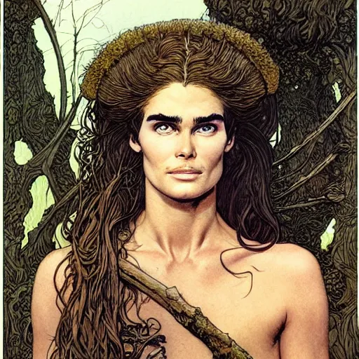 Image similar to a realistic, very beautiful and atmospheric portrait of young brooke shields aged 2 0 as a druidic warrior wizard looking at the camera with an intelligent gaze by rebecca guay, michael kaluta, charles vess and jean moebius giraud