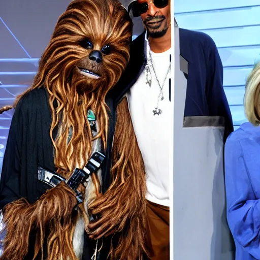 Image similar to snoop dogg as chewbacca and martha stewart as han solo in star wars