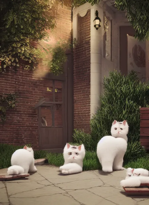 Image similar to schoolgirls selling fluffy cats on their backyard, photorealistic, canon r 3, symmetry, octane render, unreal engine, dramatic lights