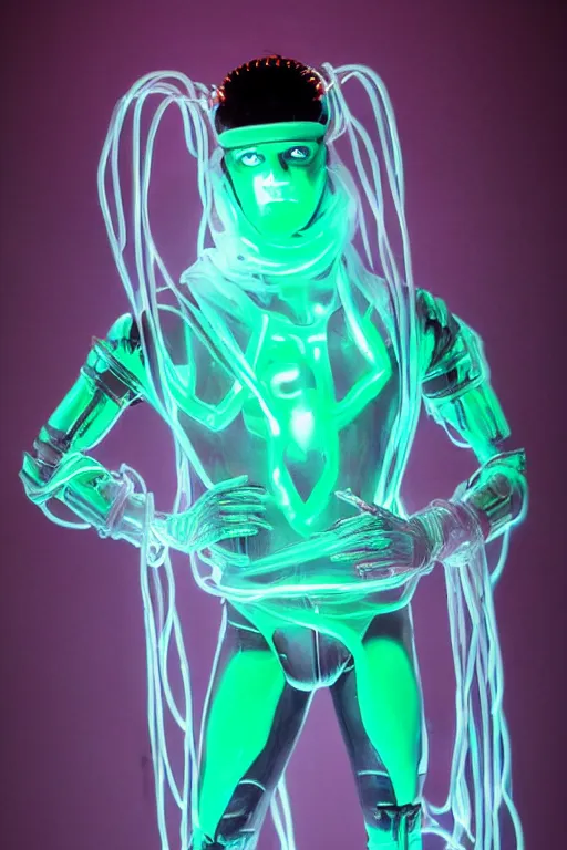 Image similar to full-body rococo and cyberpunk style mint neon and ceramic statue of a muscular attractive Spanish android god humanoid wearing a thing see-through plastic cloak sim roupa, posing like a super hero, suspended to the wall thick clear cables around his wrists, glowing mint face, crown of red steampunk lasers, emeralds, swirling silver silk fabric. futuristic elements. oozing glowing liquid, full-length view. space robots. human skulls. throne made of bones, intricate artwork by caravaggio. Trending on artstation, octane render, cinematic lighting from the right, hyper realism, octane render, 8k, depth of field, 3D