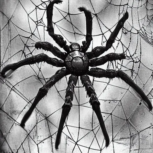 Image similar to 1860 photo of an ancient fractal spider-woman-demon on an abandoned factory on the middle of a forest, spooky , spider webs, devouring the human soul, veins, arteries, intricate, golden ratio, full frame, microscopic, elegant, highly detailed, ornate, ornament, sculpture, elegant , luxury, beautifully lit, ray trace, 3d, PBR