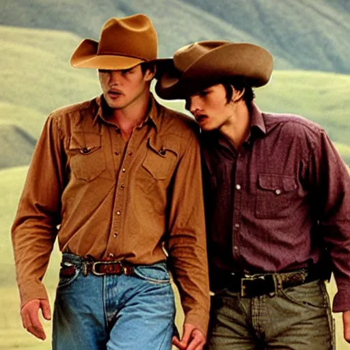 Image similar to a romantic scene from brokeback mountain starring josh hartnett as ennis del mar