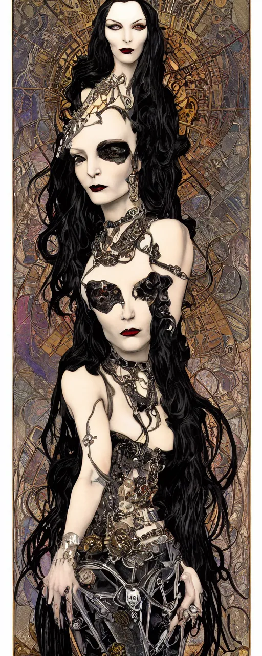 Prompt: a beautiful and captivating art nouveau heavy metal style portrait of morticia adams as an ironpunk rebel soldier by chris achilleos, chris bachalo and alphonse mucha, mixed media painting, photorealism, extremely hyperdetailed, perfect symmetrical facial features, perfect anatomy, ornate declotage, circuitry, technical detail, confident expression