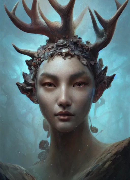 Prompt: Stone Head of a forgotten Deity, translucent mushrooms, antlers, layers of mushrooms, extremly detailed digital painting, in the style of Fenghua Zhong and Ruan Jia and jeremy lipking and Peter Mohrbacher, mystical colors, rim light, beautiful lighting, 8k, stunning scene, raytracing, octane, trending on artstation